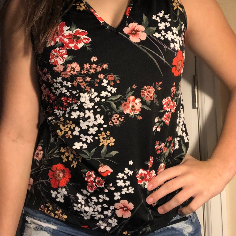 V-neck Black and Floral Blouse
